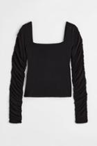 H & M - Gathered-sleeve Jersey Top - Black