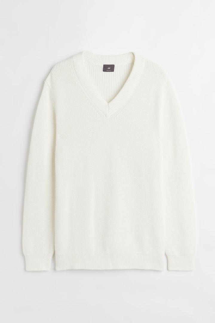 H & M - Regular Fit V-neck Sweater - White