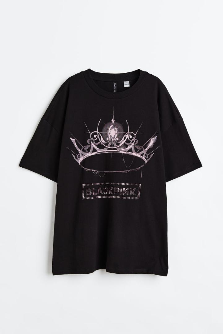 H & M - Oversized Rhinestone-motif T-shirt - Black