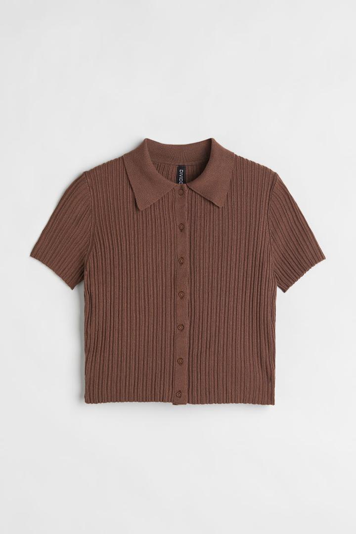 H & M - Collared Ribbed Top - Beige