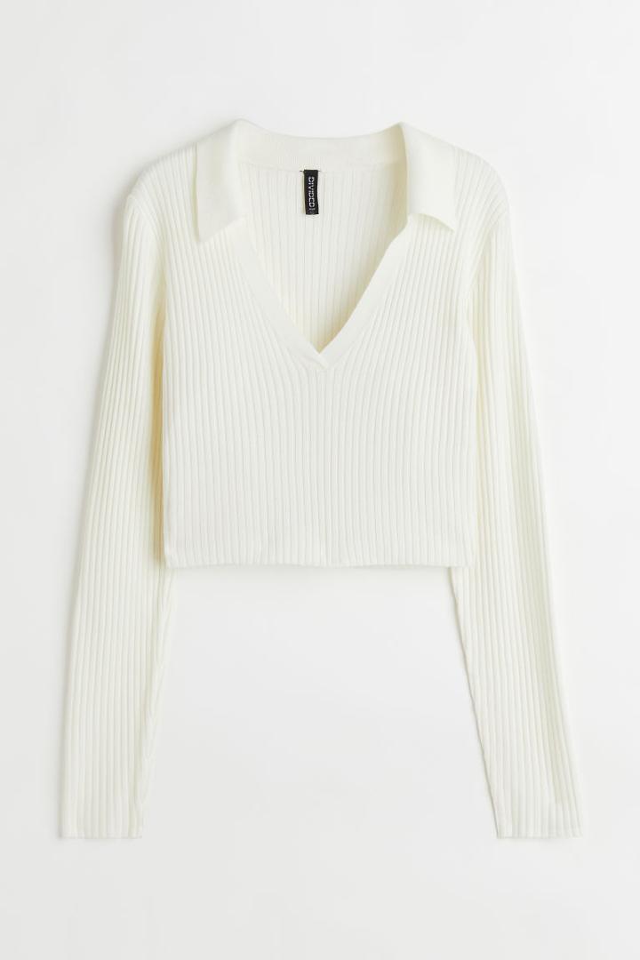 H & M - Collared Rib-knit Top - White