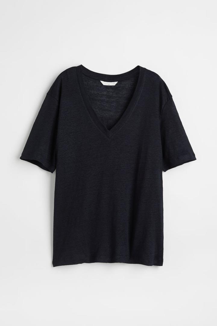 H & M - V-neck Linen Jersey T-shirt - Blue