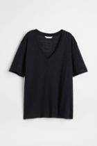 H & M - V-neck Linen Jersey T-shirt - Blue
