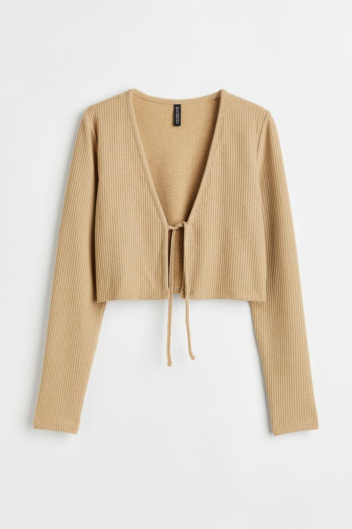H & M - Ribbed Tie Detail Cardigan - Beige