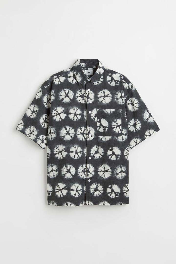 H & M - Relaxed Fit Short-sleeved Cotton Shirt - Gray