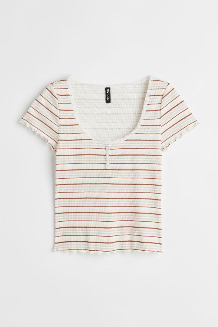 H & M - Lace-trimmed Ribbed Top - Beige