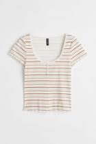 H & M - Lace-trimmed Ribbed Top - Beige
