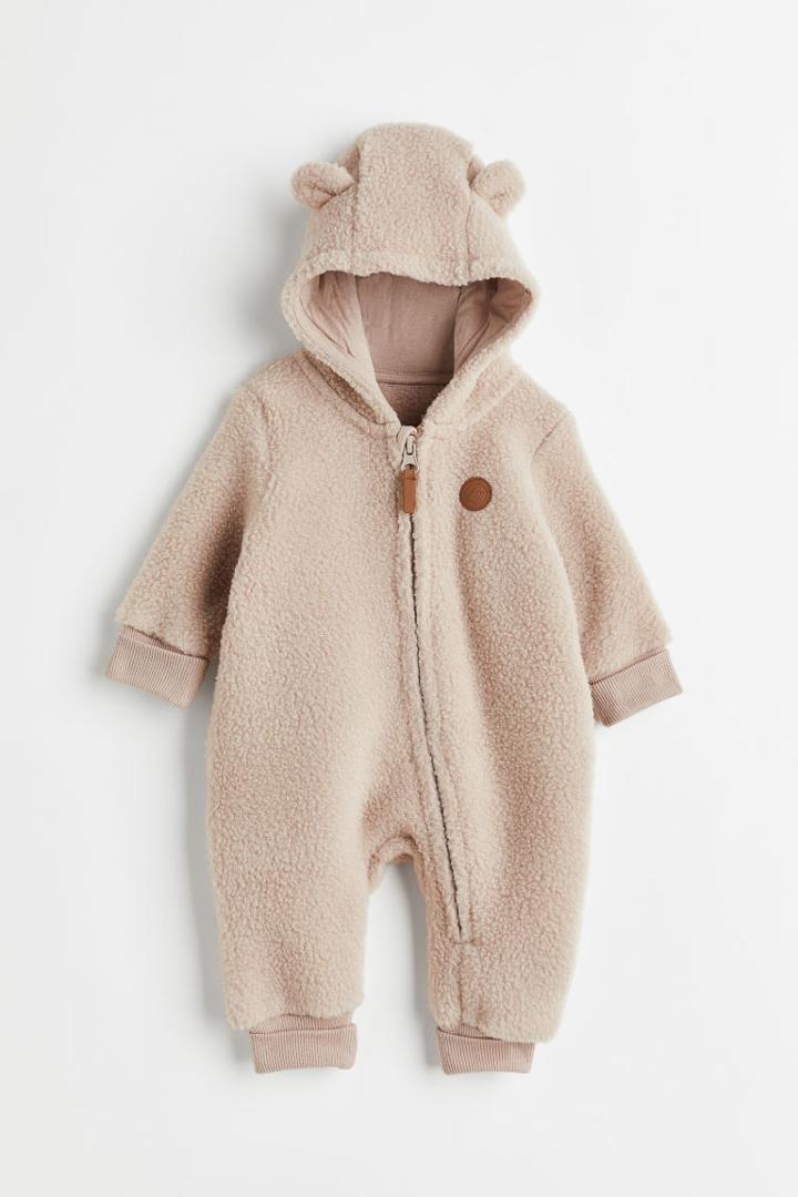 H & M - Hooded Fleece Jumpsuit - Brown