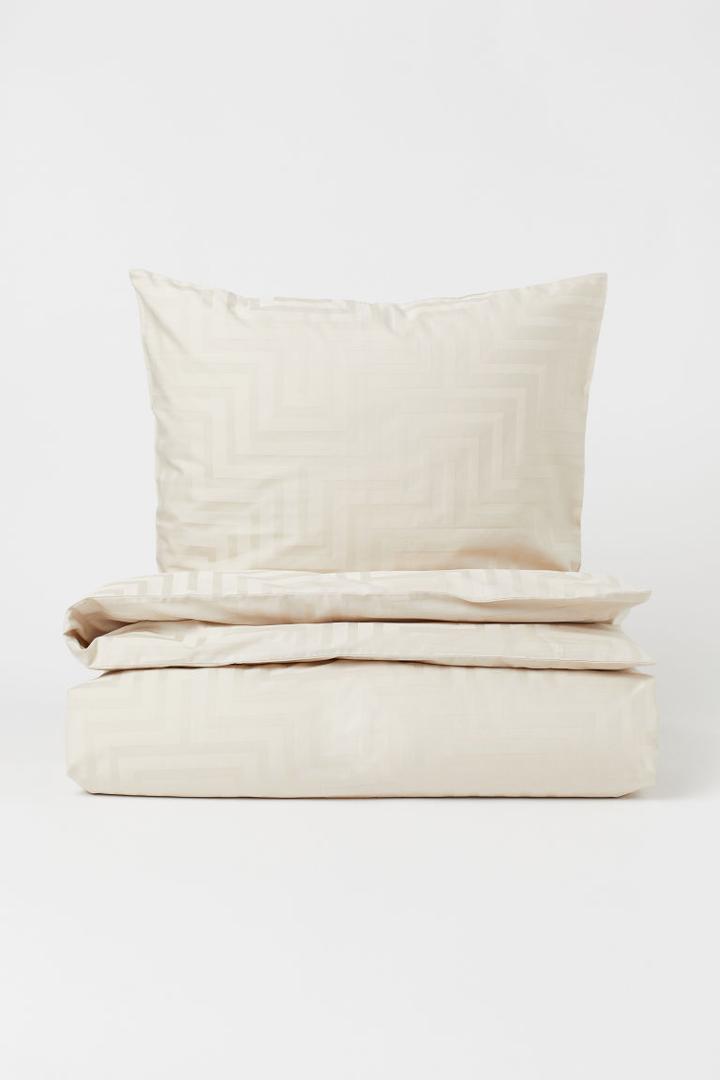 H & M - Cotton Sateen Twin Duvet Cover Set - Beige