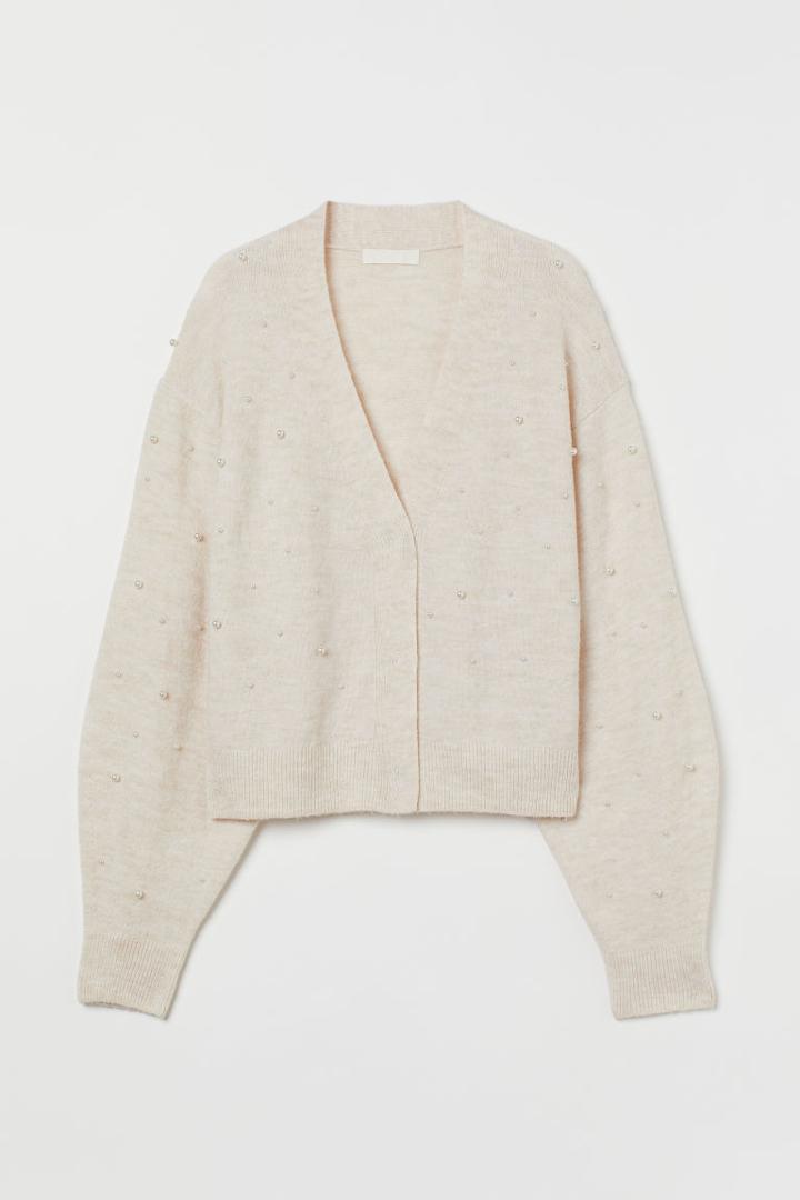 H & M - Bead-detail Knit Cardigan - Beige