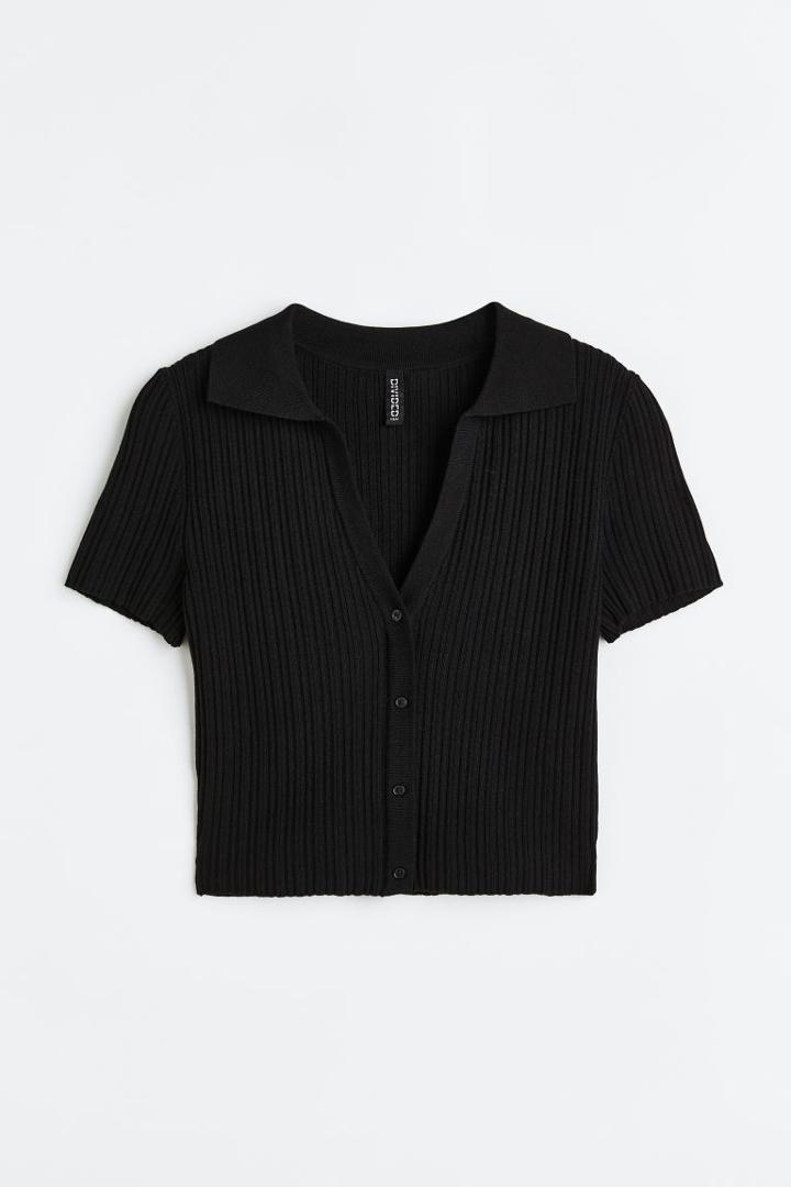 H & M - Rib-knit Top With Collar - Black