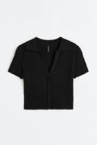 H & M - Rib-knit Top With Collar - Black