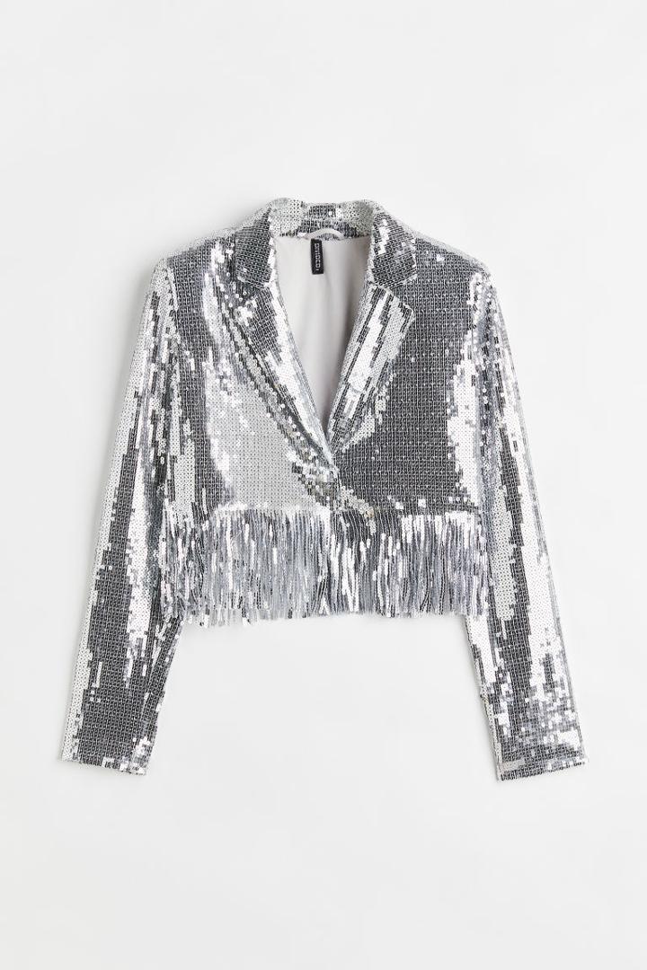 H & M - Fringe-trimmed Sequined Jacket - Gray