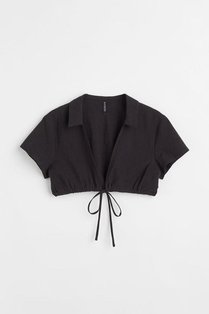 H & M - Drawstring-hem Crop Blouse - Black
