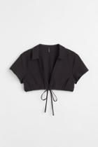 H & M - Drawstring-hem Crop Blouse - Black