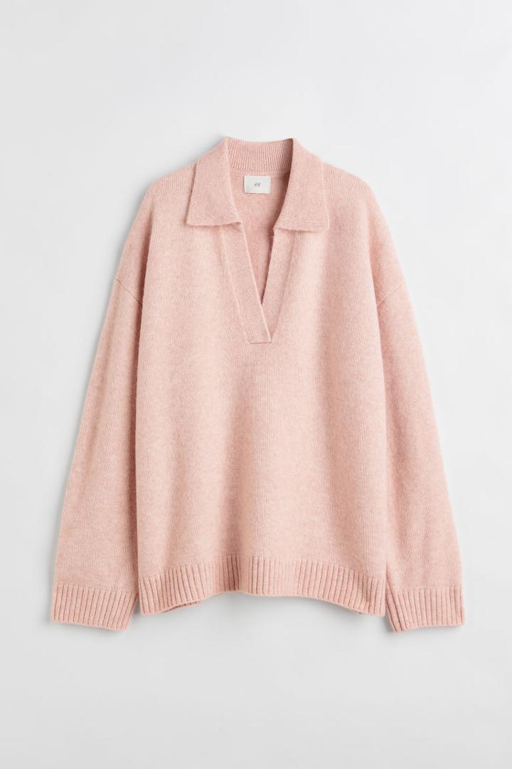 H & M - Fine-knit Collared Sweater - Pink