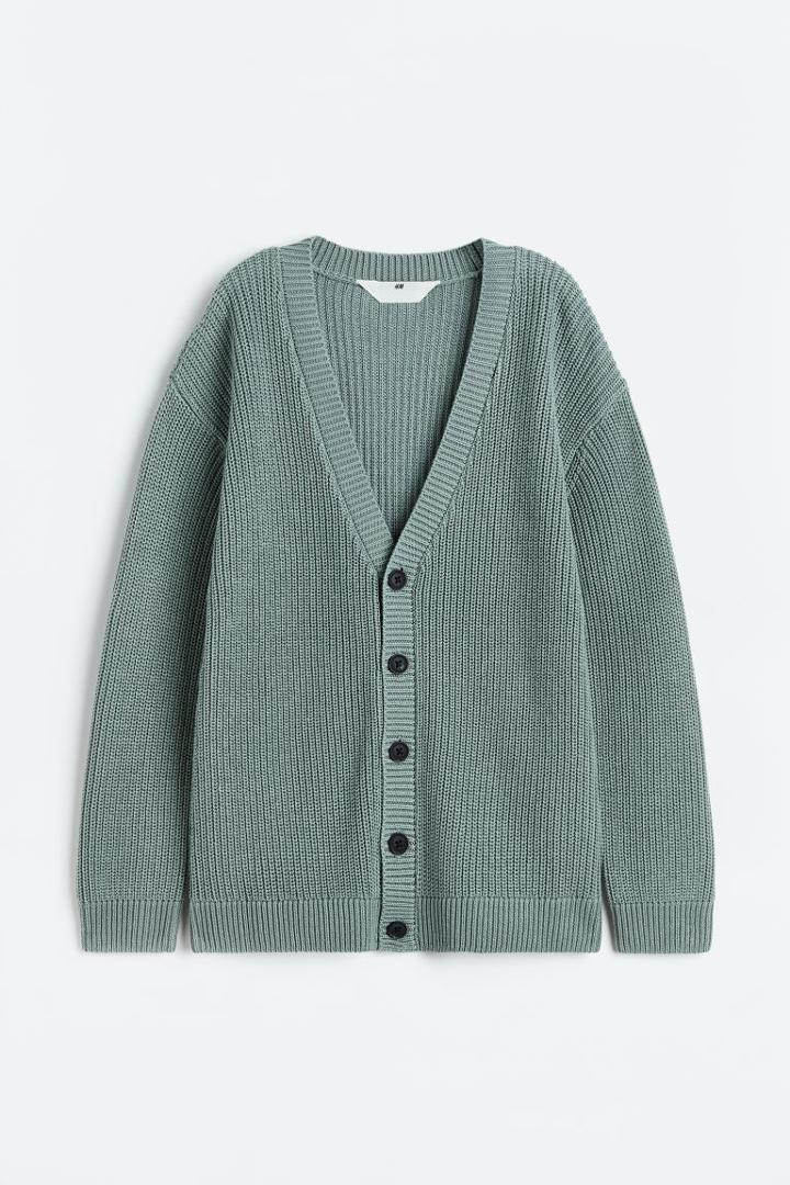 H & M - Oversized Rib-knit Cardigan - Green