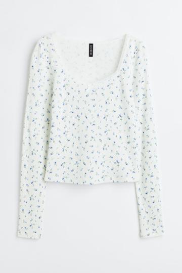 H & M - Lace-trimmed Pointelle Jersey Top - White