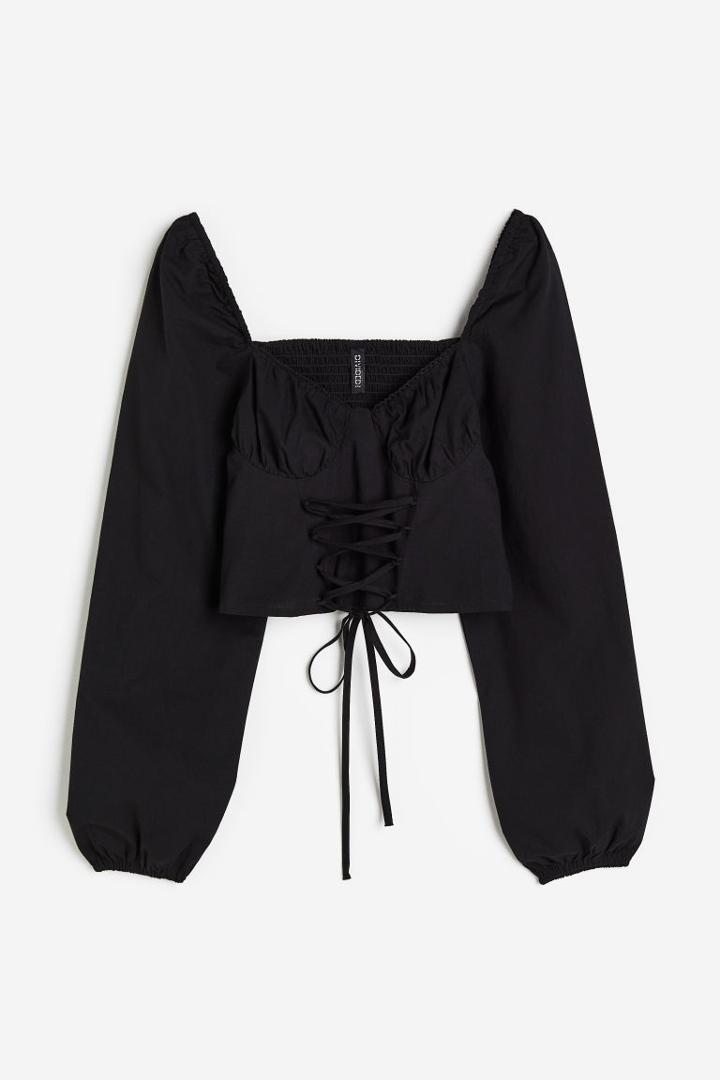 H & M - Lacing-detail Poplin Blouse - Black
