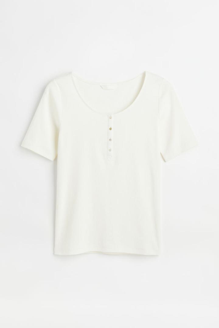 H & M - H & M+ Ribbed T-shirt With Buttons - White