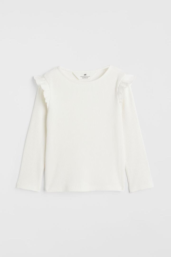H & M - Ruffle-trimmed Ribbed Top - White