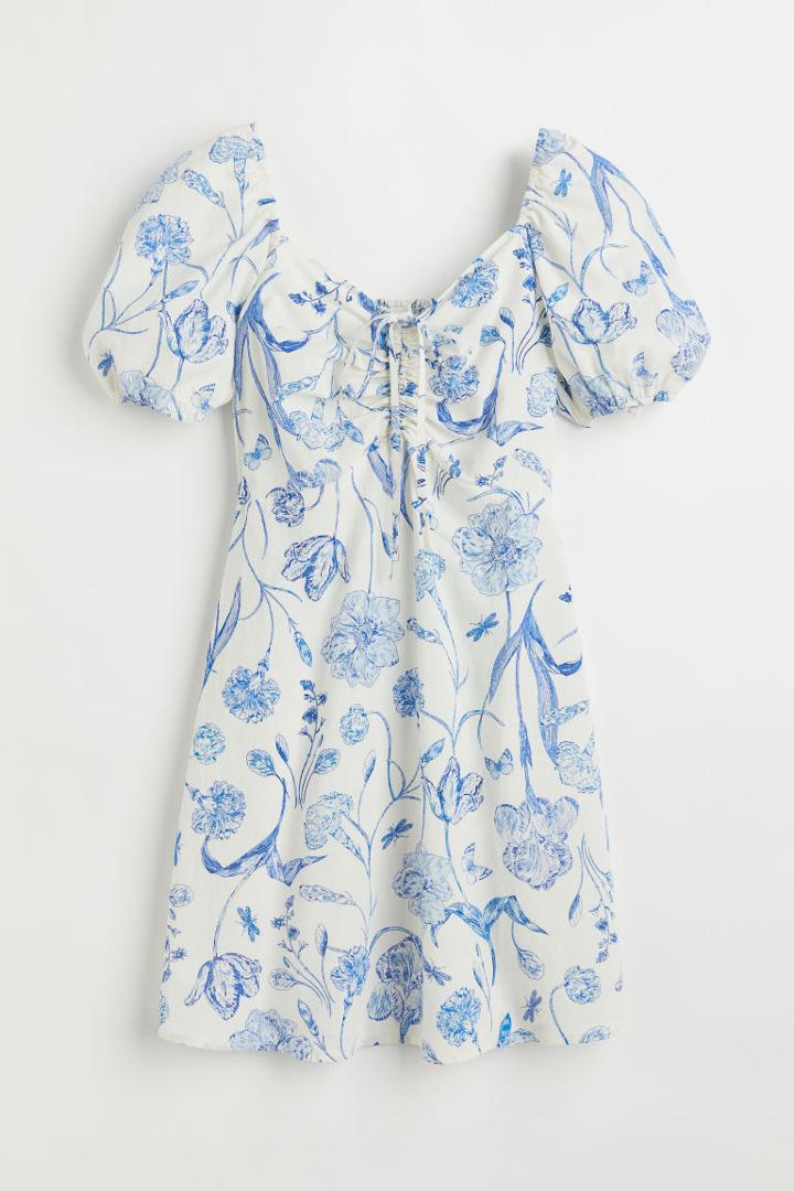 H & M - Puff-sleeved Dress - Beige