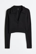 H & M - Ribbed Top With Collar - Black