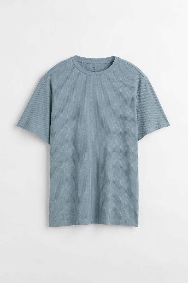 H & M - Regular Fit Ribbed Cotton T-shirt - Turquoise