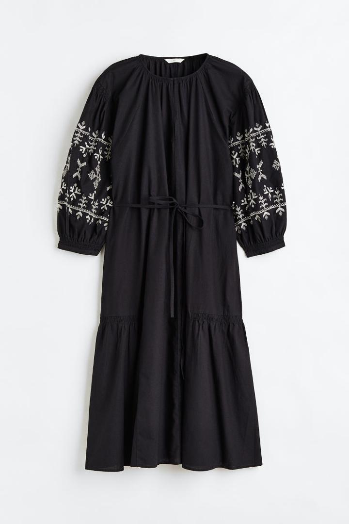 H & M - H & M+ Embroidered Tie-belt Dress - Black