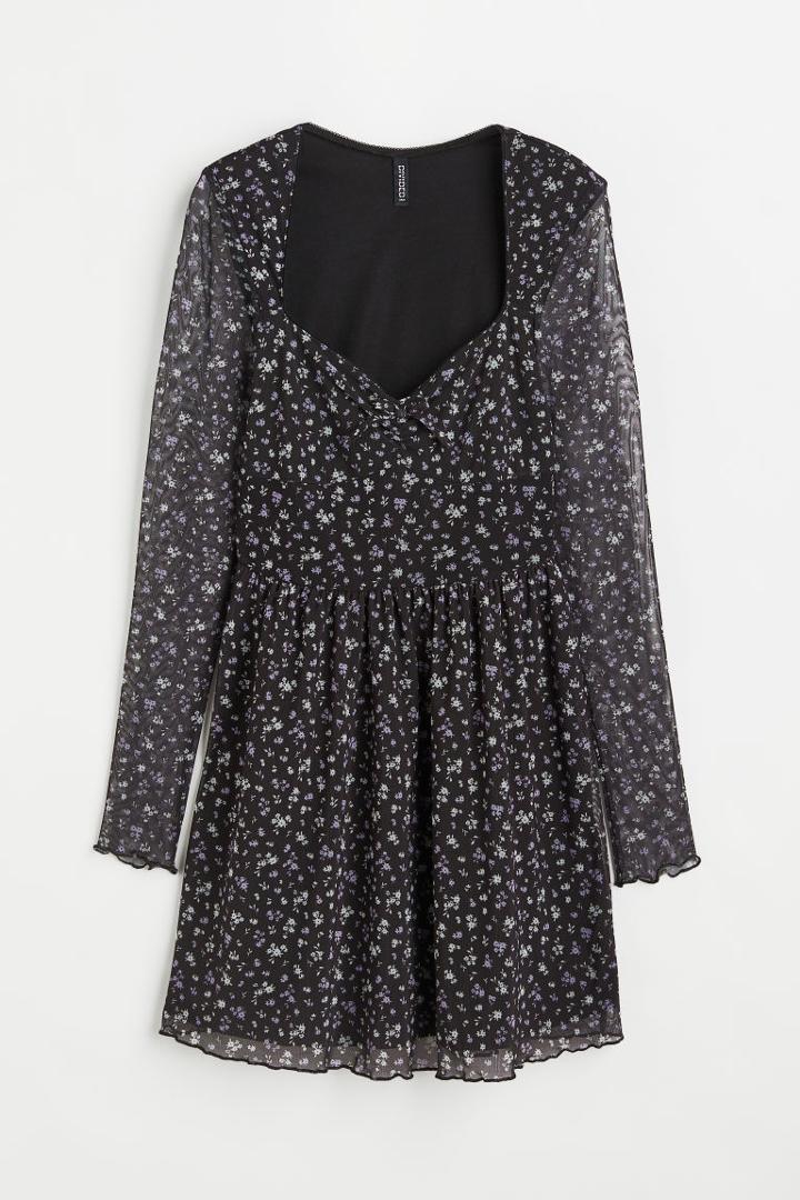 H & M - Patterned Mesh Dress - Black