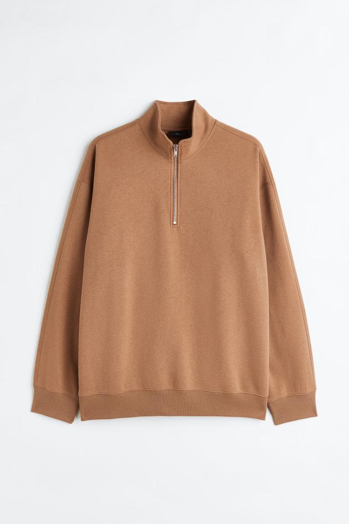 H & M - Relaxed Fit Thermolite Half-zip Sweatshirt - Beige
