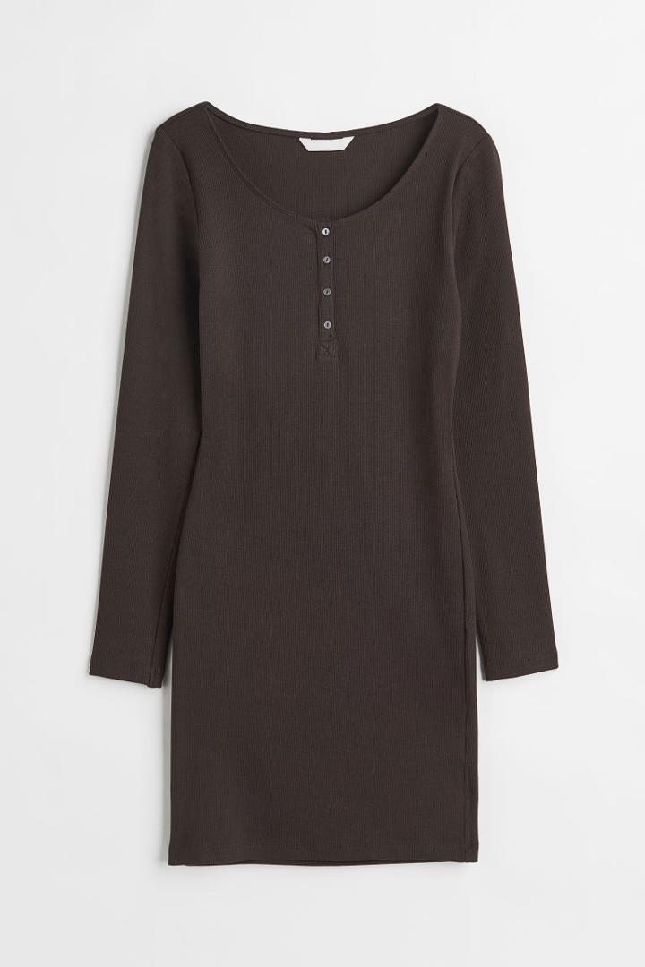 H & M - Button-top Jersey Dress - Brown
