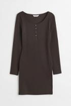 H & M - Button-top Jersey Dress - Brown