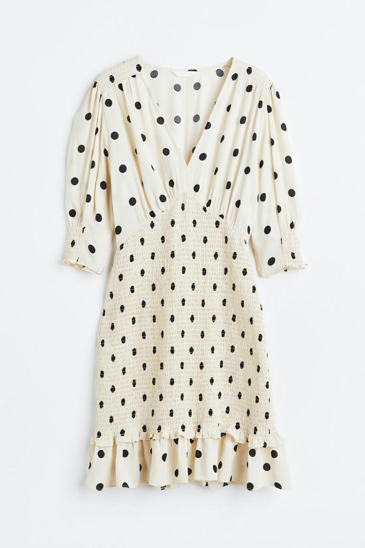 H & M - Puff-sleeved Smocked Dress - Beige
