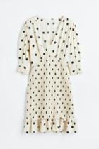 H & M - Puff-sleeved Smocked Dress - Beige