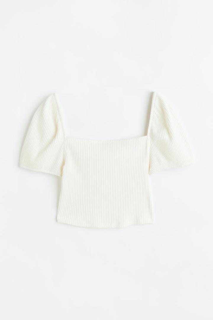 H & M - Puff-sleeved Ribbed Top - White