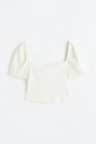 H & M - Puff-sleeved Ribbed Top - White