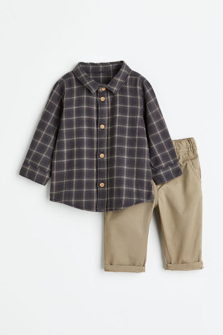 H & M - 2-piece Shirt And Trousers Set - Beige