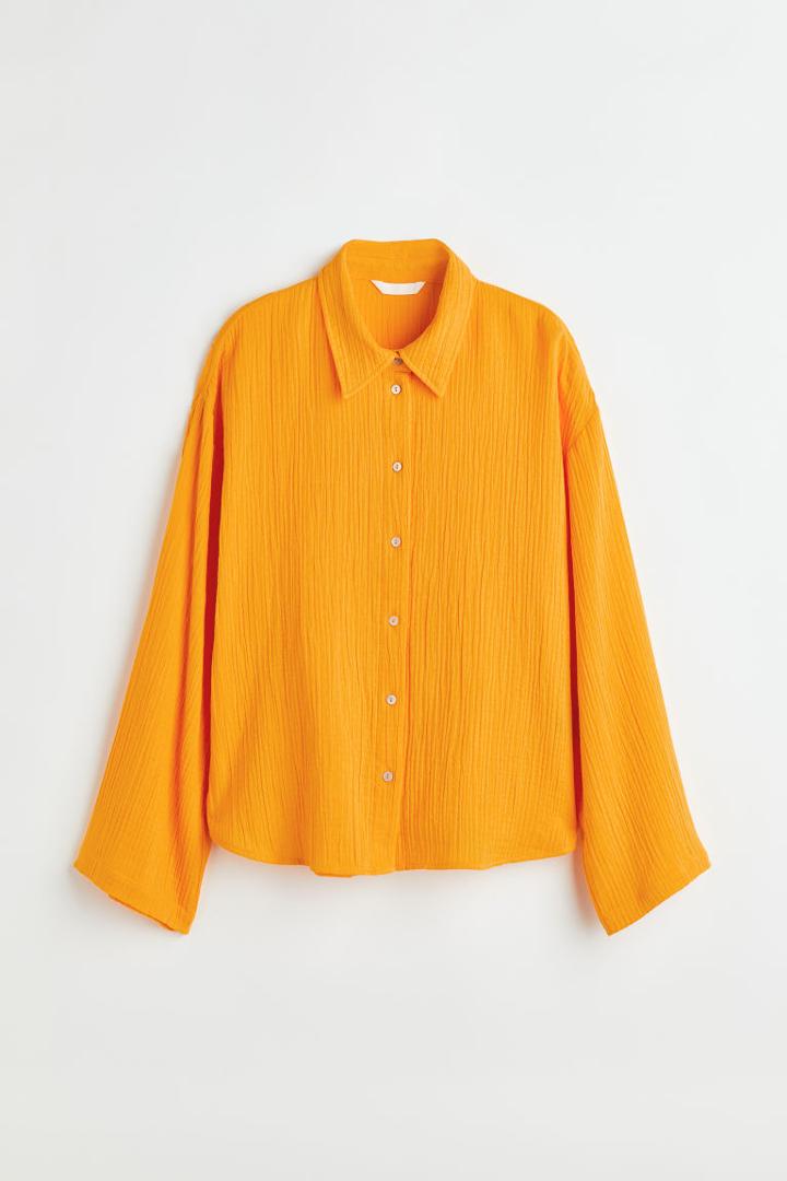 H & M - Crinkled Cotton Shirt - Yellow