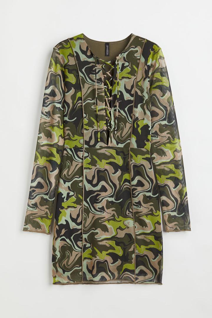 H & M - Lacing-detail Mesh Dress - Green