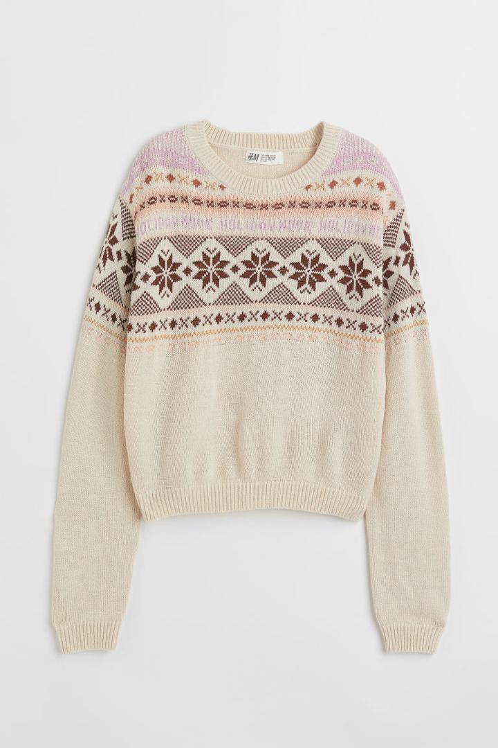 H & M - Motif-detail Knit Sweater - Beige