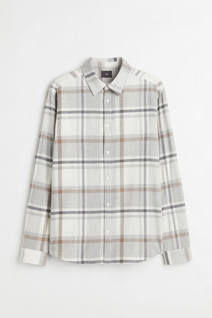 H & M - Regular Fit Checked Shirt - Beige