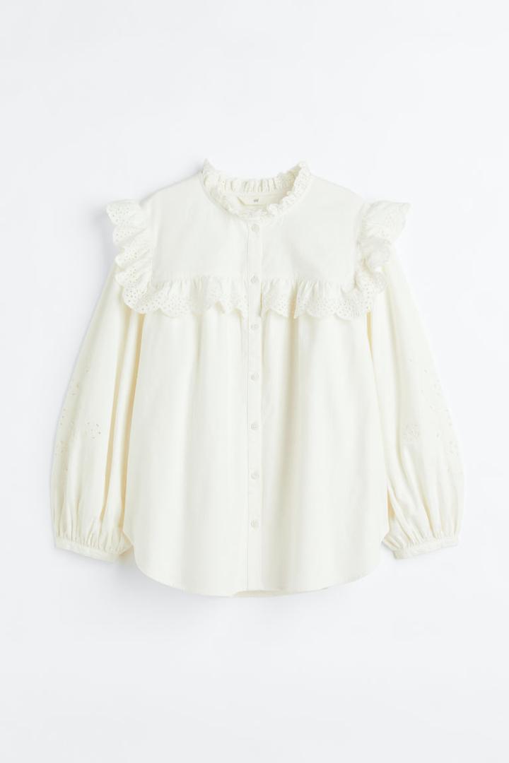 H & M - Ruffle-trimmed Blouse With Eyelet Embroidery - White