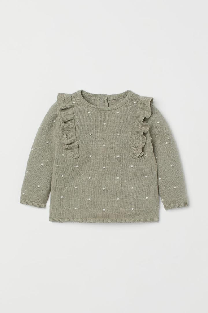 H & M - Flounced Fine-knit Sweater - Green