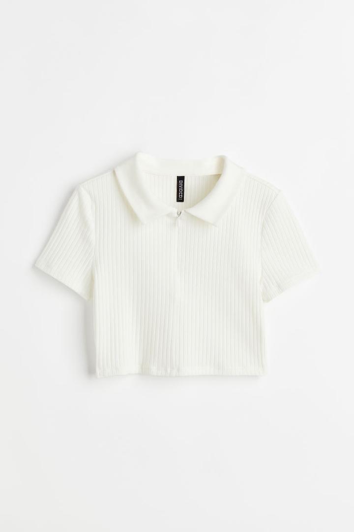 H & M - Half-zip Crop Top - White