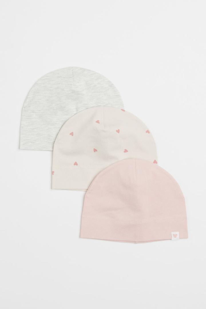 H & M - 3-pack Cotton Jersey Hats - Beige