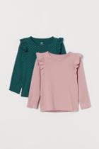 H & M - 2-pack Ruffle-trimmed Tops - Green