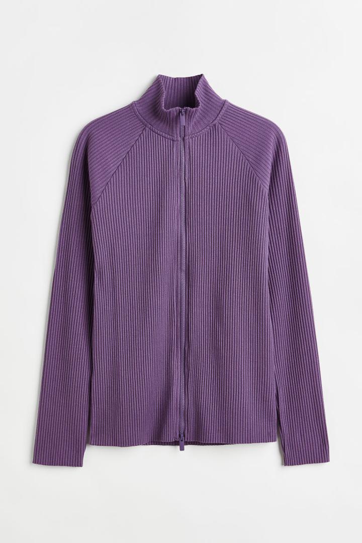 H & M - Ribbed Top With Zipper - Purple