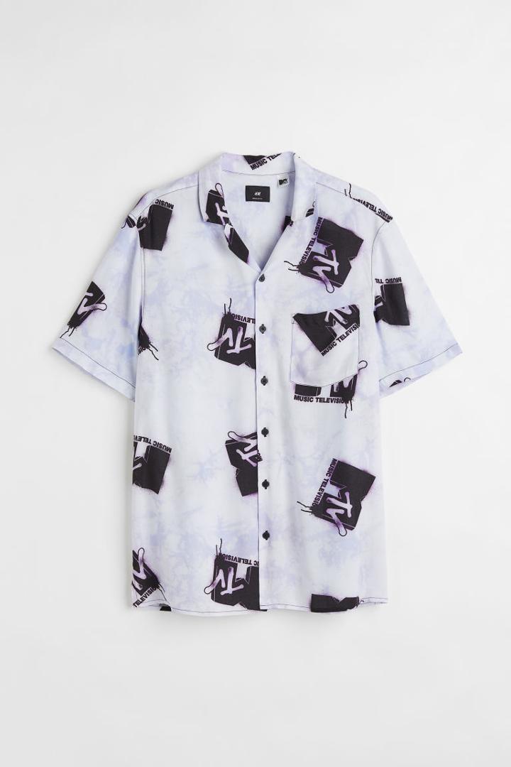H & M - Relaxed Fit Patterned Resort Shirt - Purple