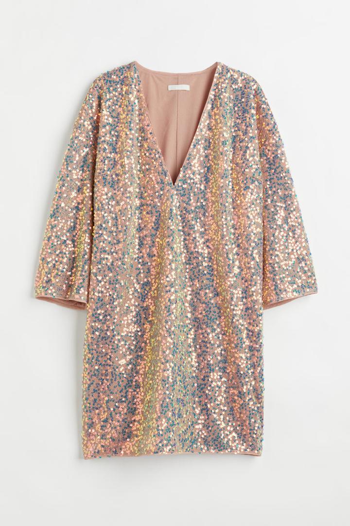 H & M - Glittery Sequined Dress - Beige